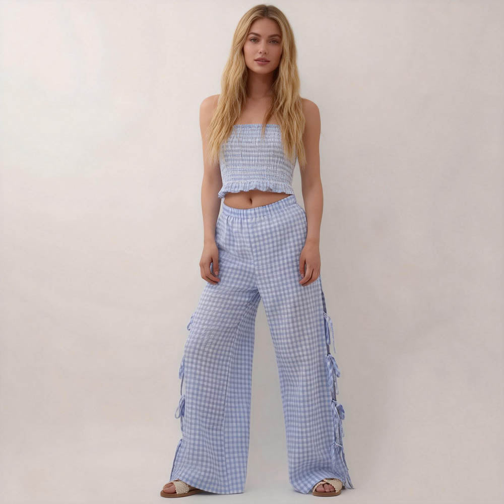 Women Everyday Checked Elastic Waist Side Strape Bowtie Casual Loungewear Pants Cherie Code