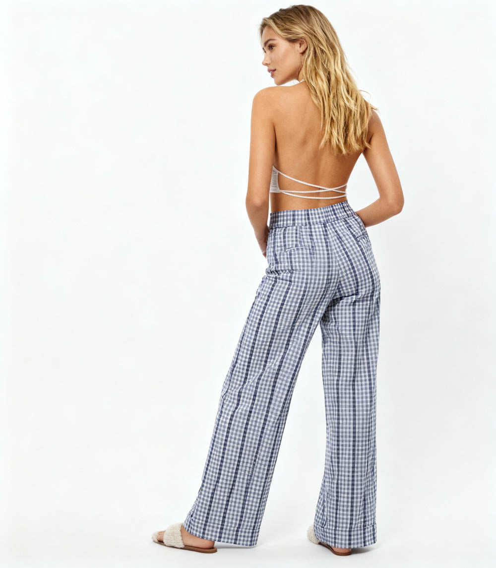 Cherie Code Women’s Wide Leg Checkered Pants - Casual Cotton Blend Trousers with Elastic Waist and Pockets