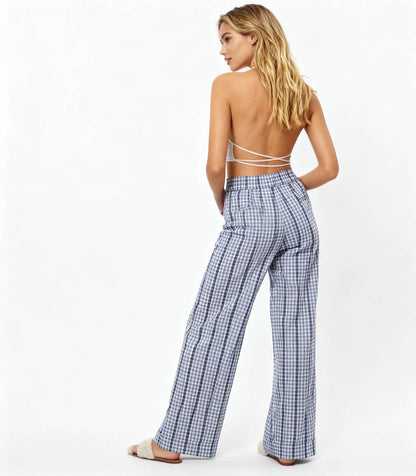 Cherie Code Women’s Wide Leg Checkered Pants - Casual Cotton Blend Trousers with Elastic Waist and Pockets