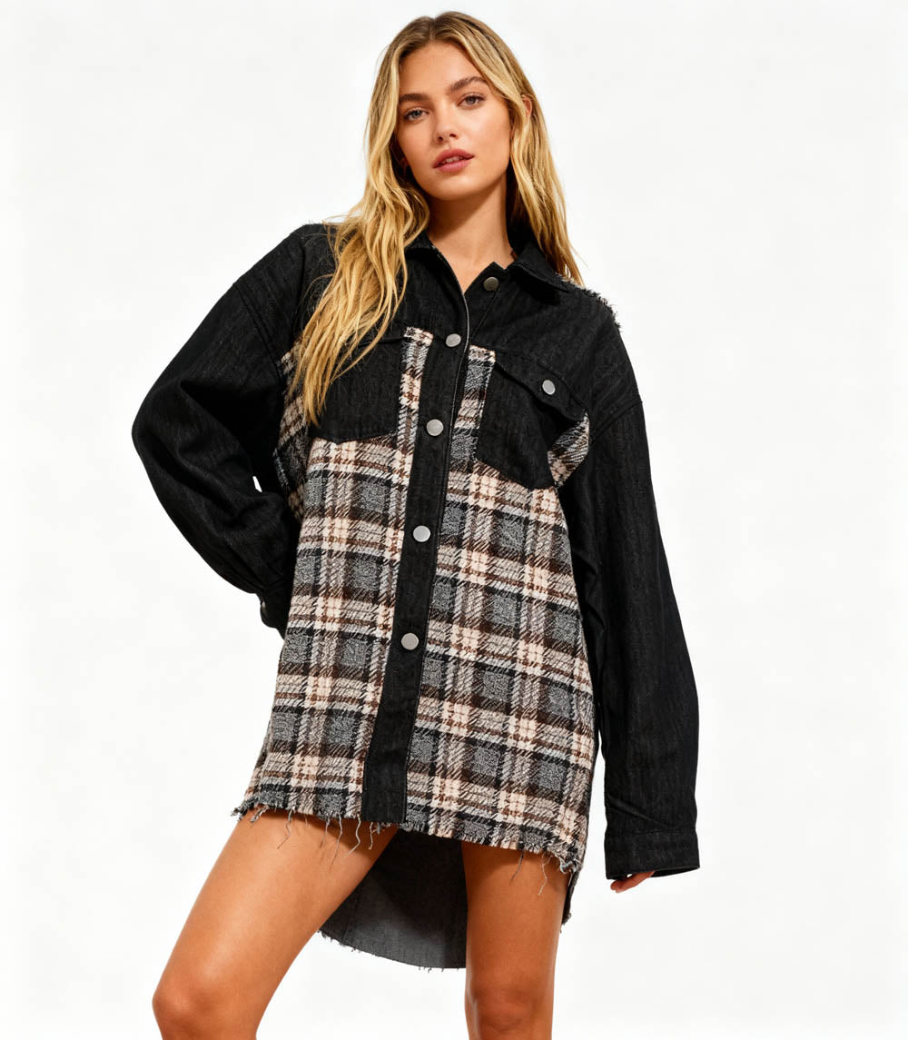 Cherie Code Women’s Patchwork Plaid Denim Jacket – Color‑Block Plaid