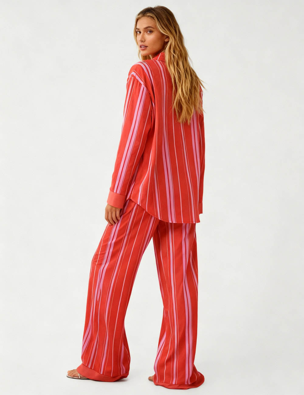 Cherie Code Women’s Striped Color‑Block Lounge Set – Button‑Front Shirt & Elastic‑Waist Wide‑Leg Pants