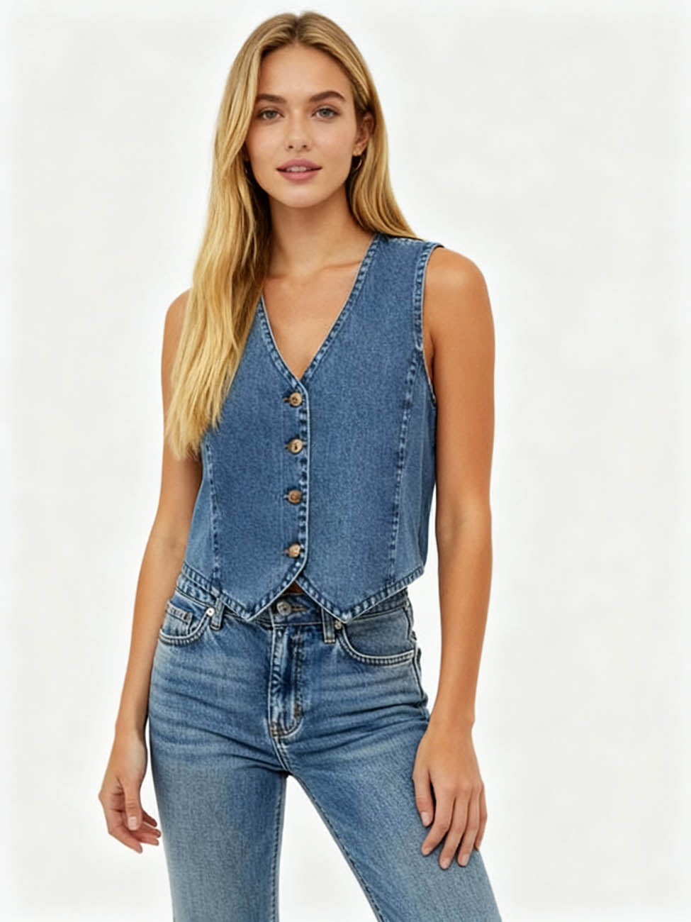Women's Denim Sleeveless Vest - Classic Button-Up V-Neck Top Cherie Code