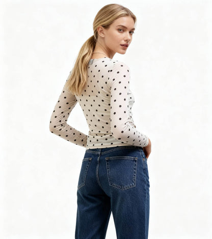 Cherie Code Women’s Polka Dot Mesh Top – Sheer Long Sleeve Stretch Tee