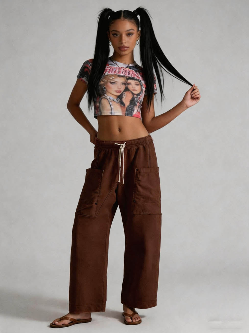 Cherie Code Women's Wide Leg Cargo Pants with Drawstring Elastic Waist
