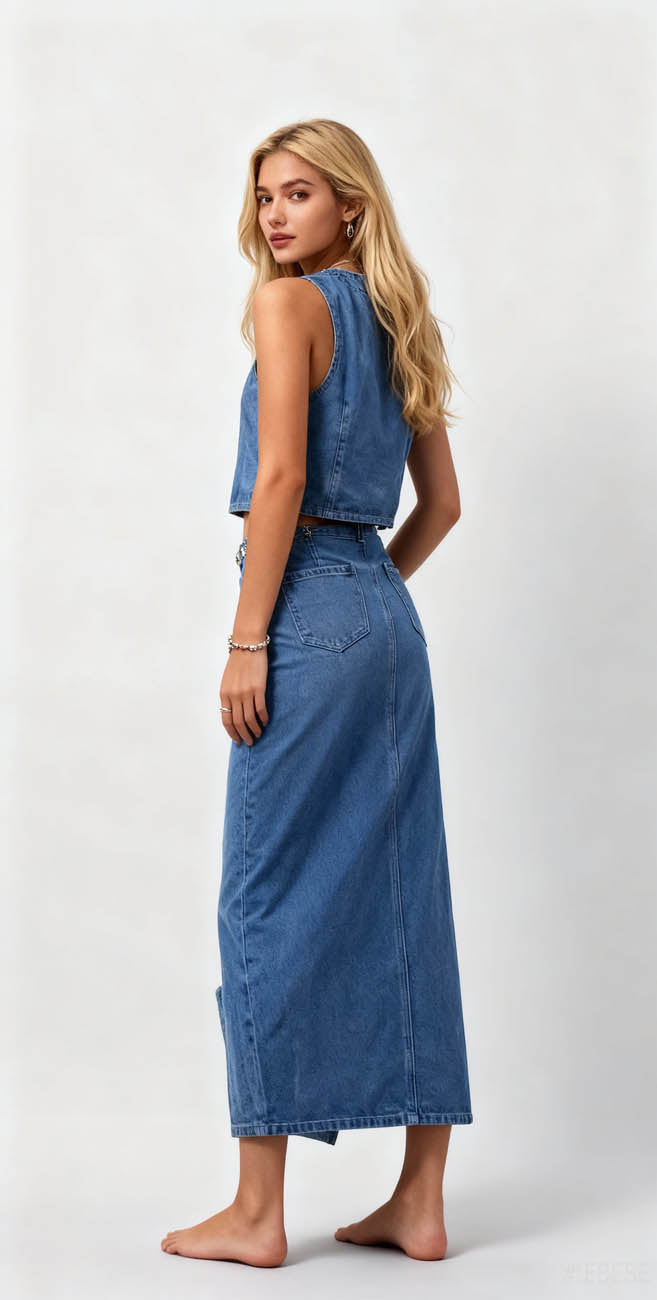 Breathable Denim Vest & Split Hem Skirt Set - Sleeveless with Button Front & Casual Fit Cherie Code