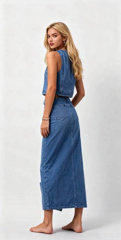 Breathable Denim Vest & Split Hem Skirt Set - Sleeveless with Button Front & Casual Fit Cherie Code
