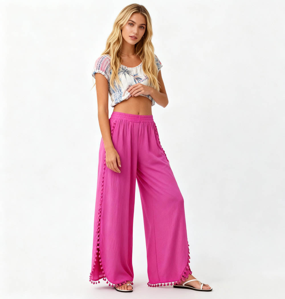 Cherie Code Women's Cotton Wide Leg Pants with Side Split and Pom Trim – Casual Fit