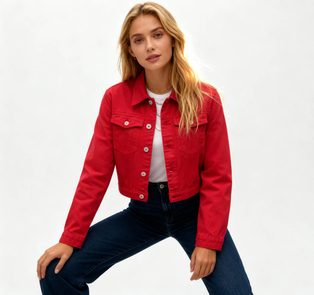 Women's Solid Color Denim Jacket with Pockets – Long Sleeve Button Front Casual Outerwear by Cherie Code