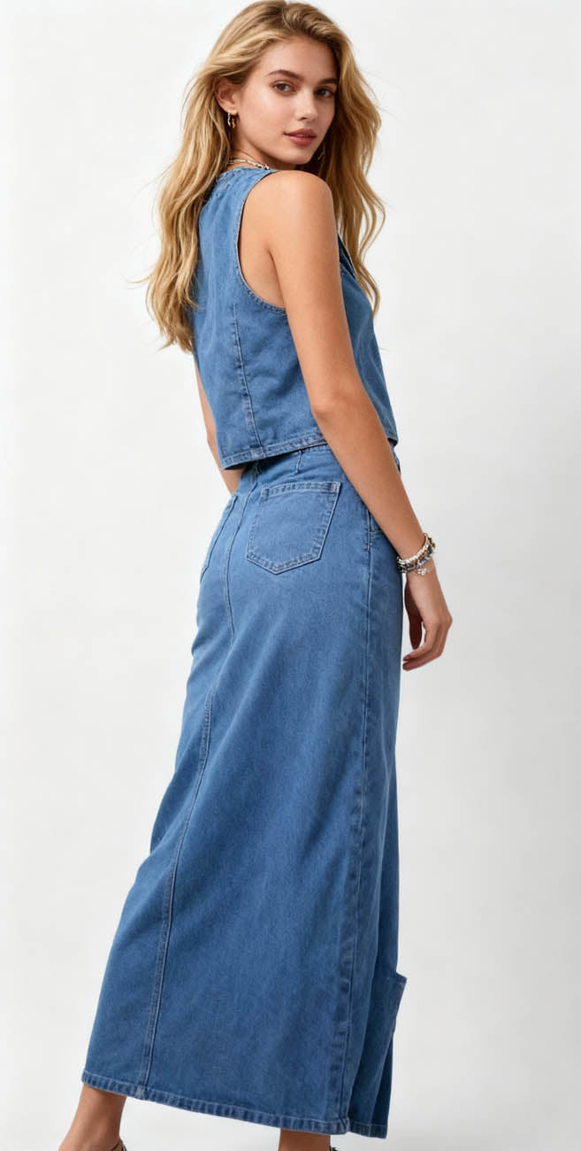 Breathable Denim Vest & Split Hem Skirt Set - Sleeveless with Button Front & Casual Fit Cherie Code