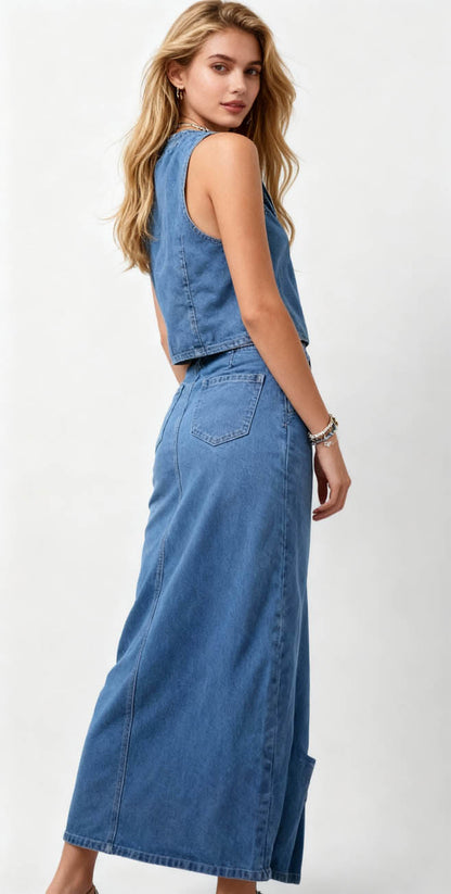 Breathable Denim Vest & Split Hem Skirt Set - Sleeveless with Button Front & Casual Fit Cherie Code