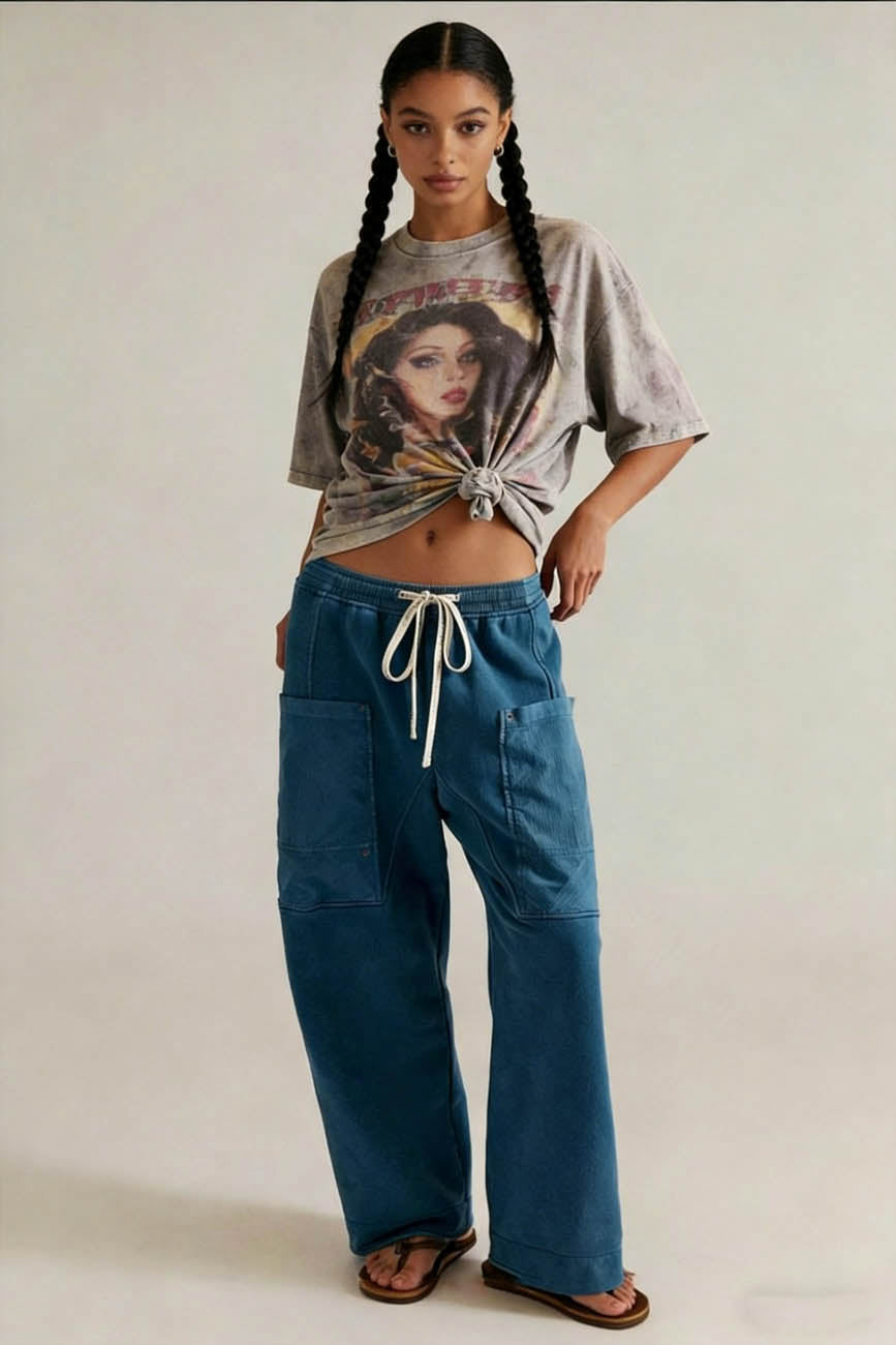 Cherie Code Women's Wide Leg Cargo Pants with Drawstring Elastic Waist