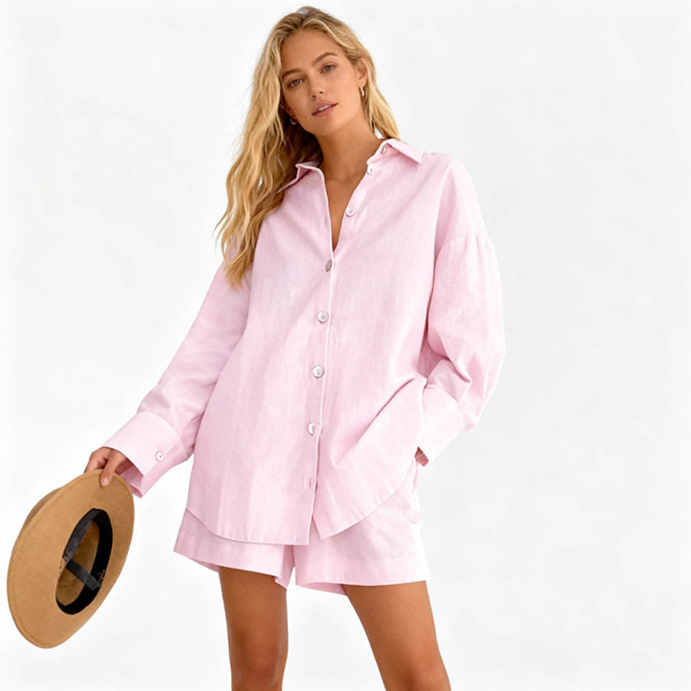 Woman Solid Shorts Set – Slim Fit Long-Sleeve Lapel Shirt & Shorts, Cotton Lined Cherie Code