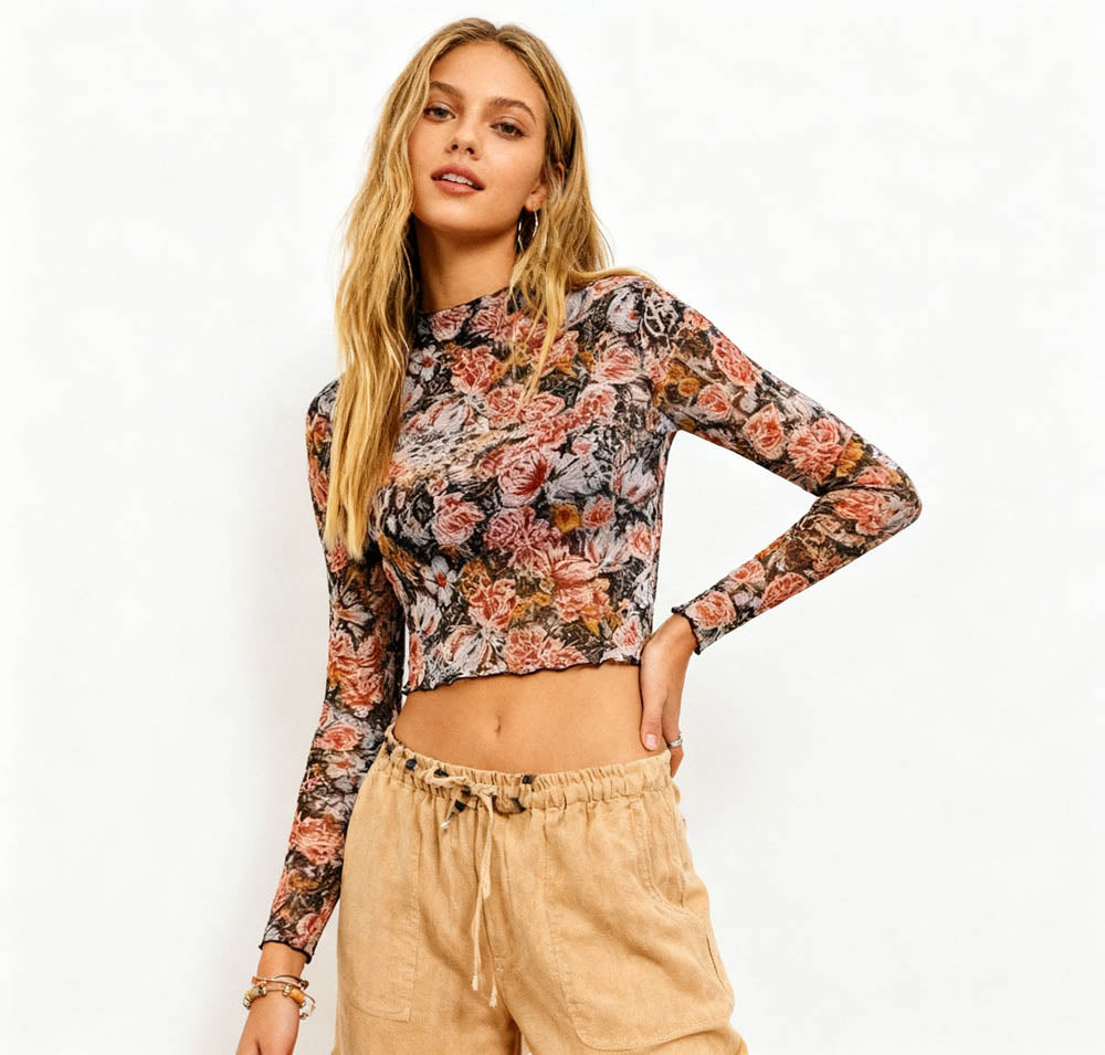 Women's Floral Mesh Long Sleeve Crop Top – Sheer Stretchy Slim Fit Turtleneck Pullover for Layering by Cherie Code