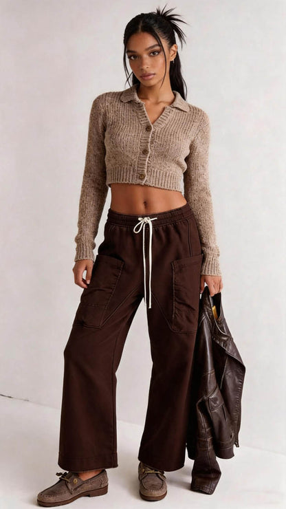 Cherie Code Women's Wide Leg Cargo Pants with Drawstring Elastic Waist