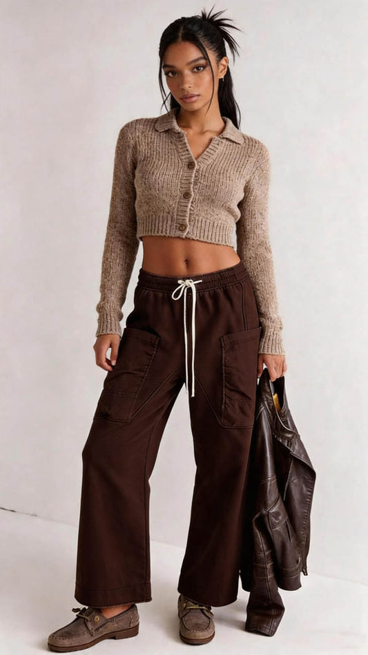 Cherie Code Women's Wide Leg Cargo Pants with Drawstring Elastic Waist