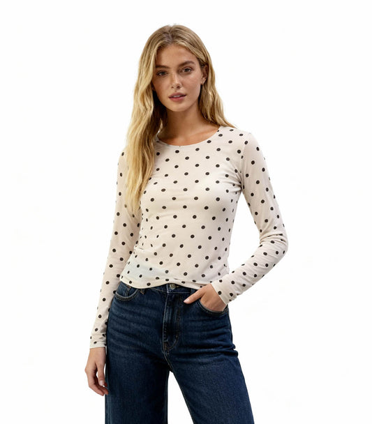 Cherie Code Women’s Polka Dot Mesh Top – Sheer Long Sleeve Stretch Tee