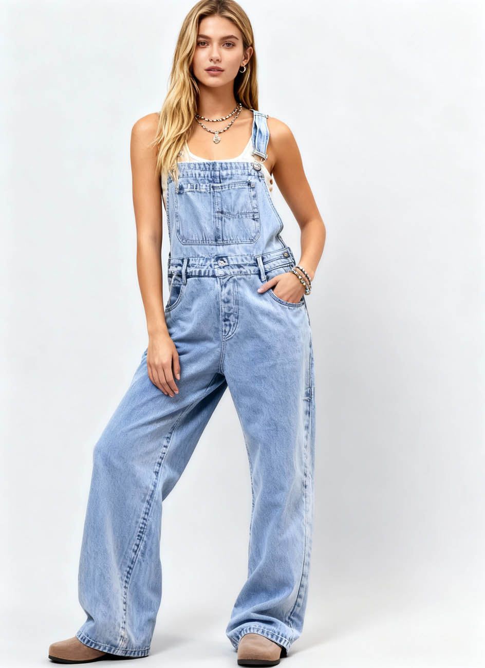 Women's Classic Denim Overalls – Relaxed Fit with Tapered Legs