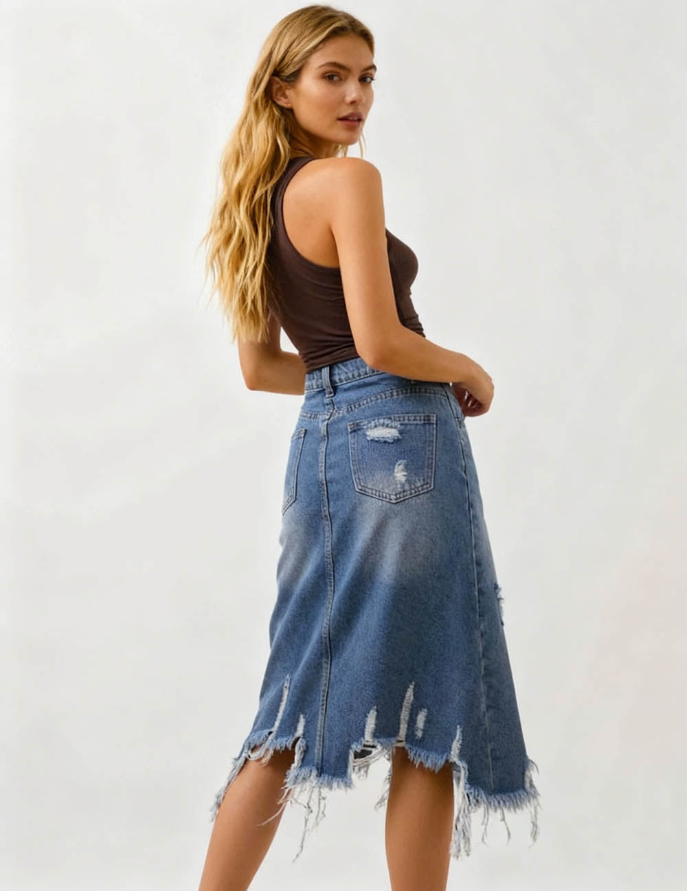 Women's Classic Distressed Denim Midi Skirt - Button & Zip Closure with Functional Pockets Cherie Code