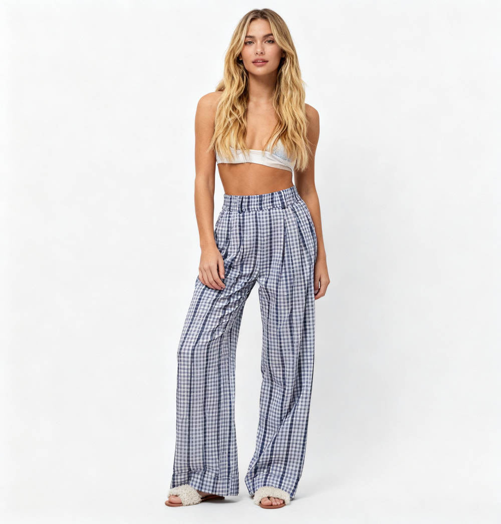 Cherie Code Women’s Wide Leg Checkered Pants - Casual Cotton Blend Trousers with Elastic Waist and Pockets