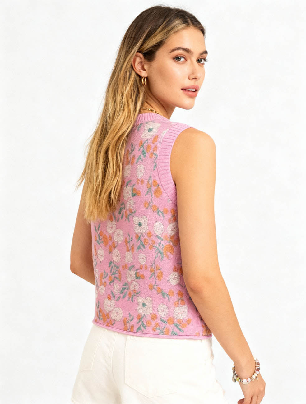 Woman Floral Knit Sleeveless Vest – 40% Acrylic Blend, Casual Fit Cherie Code