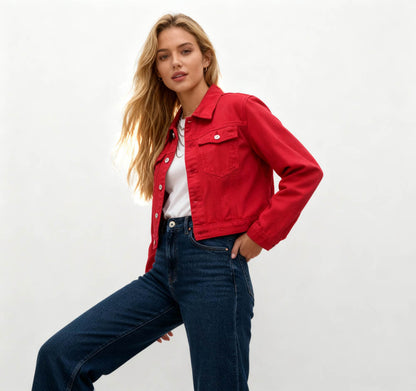 Women's Solid Color Denim Jacket with Pockets – Long Sleeve Button Front Casual Outerwear by Cherie Code