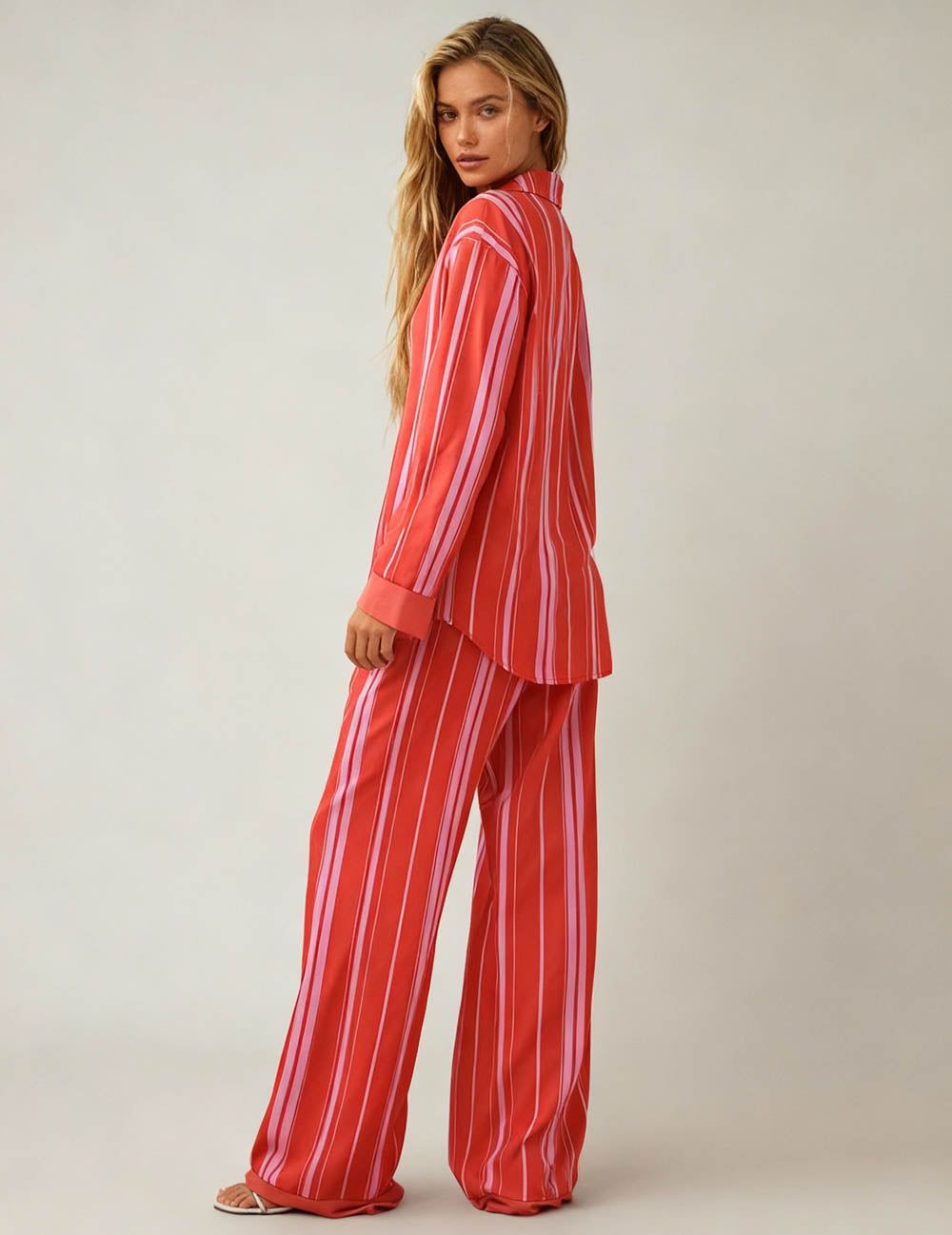 Cherie Code Women’s Striped Color‑Block Lounge Set – Button‑Front Shirt & Elastic‑Waist Wide‑Leg Pants