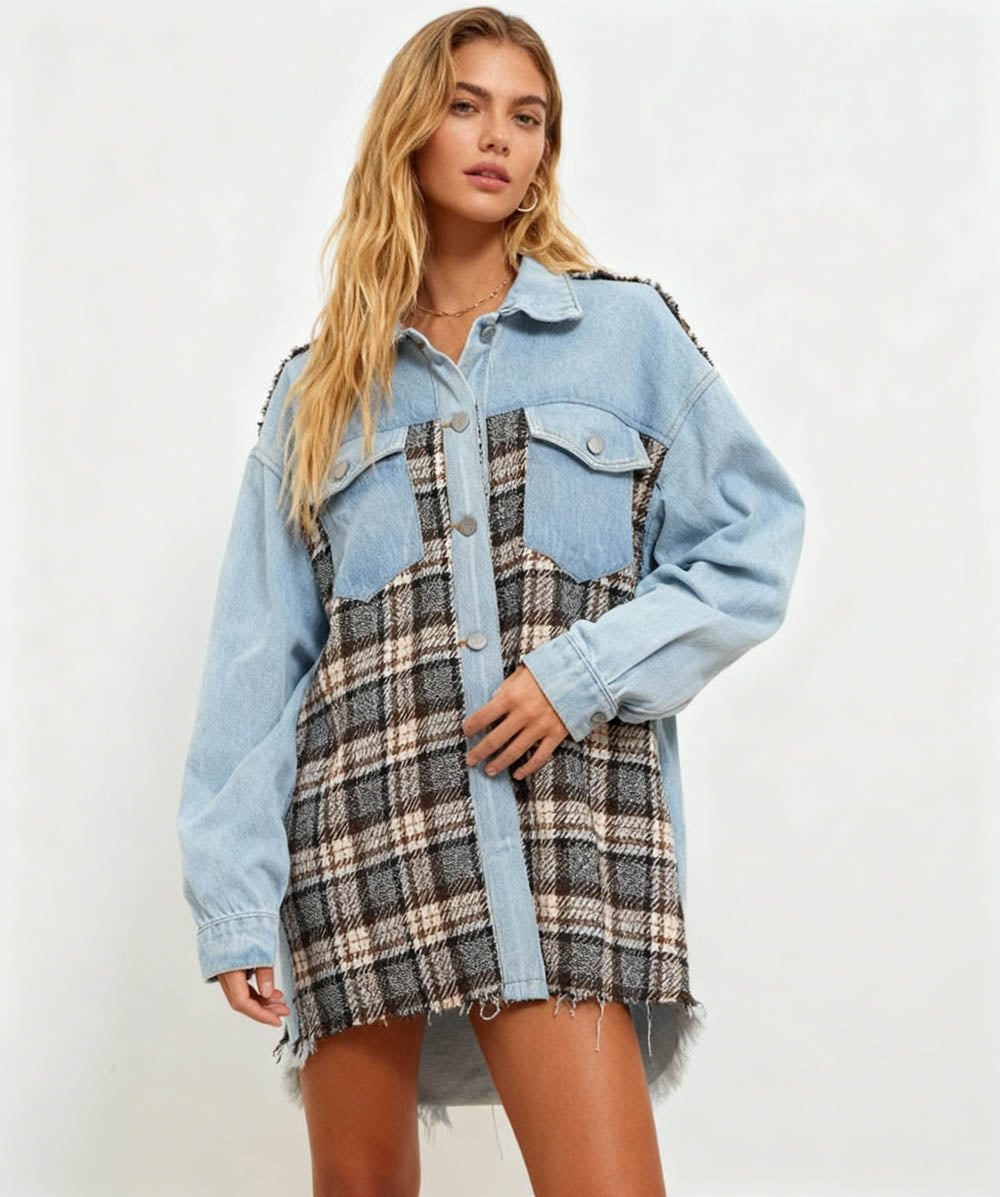 Cherie Code Women’s Patchwork Plaid Denim Jacket – Color‑Block Plaid