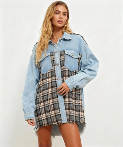 Cherie Code Women’s Patchwork Plaid Denim Jacket – Color‑Block Plaid