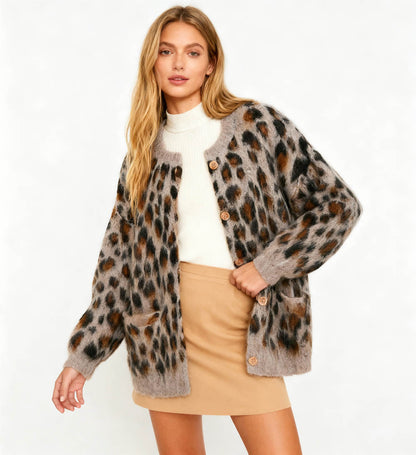Cherie Code Women’s Leopard Print Knit Cardigan – Button‑Front Round Neck Sweater with Pockets