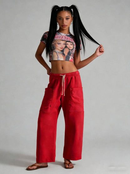 Cherie Code Women's Wide Leg Cargo Pants with Drawstring Elastic Waist