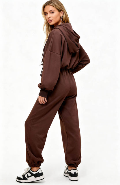 Cherie Code Women’s Brown Velour‑Lined Hoodie & Jogger Set – Pullover Hooded Sweatshirt with Elastic Waist Pants