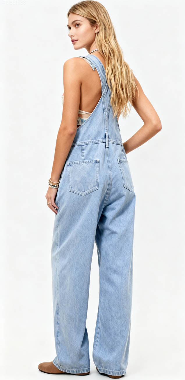 Women's Classic Denim Overalls – Relaxed Fit with Wide Legs & Functional Pockets Casual Workwear for Everyday Style Cherie Code