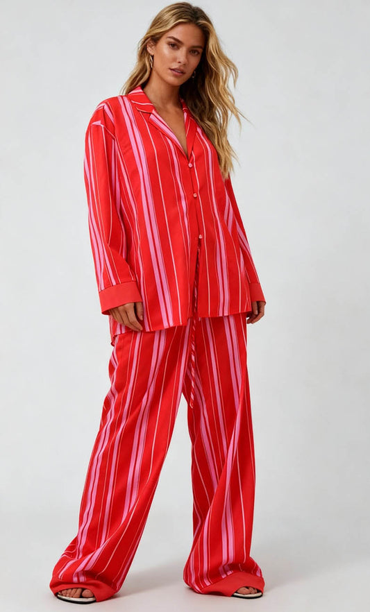 Cherie Code Women’s Striped Color‑Block Lounge Set – Button‑Front Shirt & Elastic‑Waist Wide‑Leg Pants