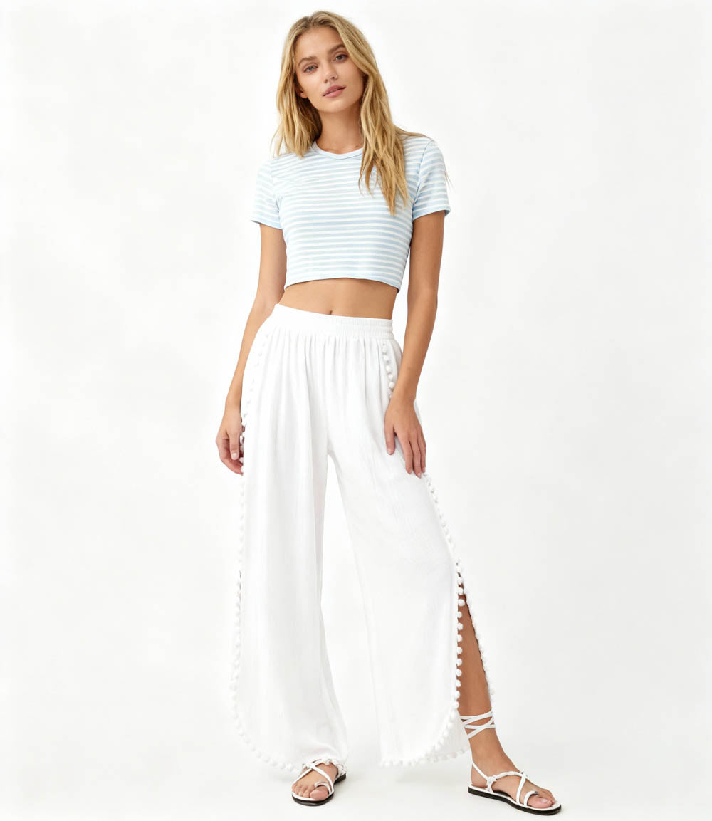 Cherie Code Women's Cotton Wide Leg Pants with Side Split and Pom Trim – Casual Fit