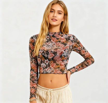 Women's Floral Mesh Long Sleeve Crop Top – Sheer Stretchy Slim Fit Turtleneck Pullover for Layering by Cherie Code