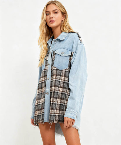 Cherie Code Women’s Patchwork Plaid Denim Jacket – Color‑Block Plaid