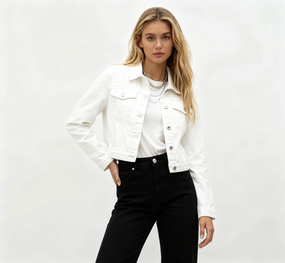 Women's Solid Color Denim Jacket with Pockets – Long Sleeve Button Front Casual Outerwear by Cherie Code