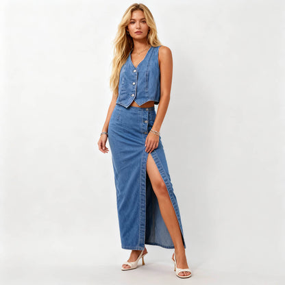 Breathable Denim Vest & Split Hem Skirt Set - Sleeveless with Button Front & Casual Fit Cherie Code