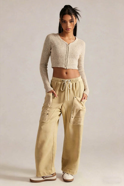 Cherie Code Women's Wide Leg Cargo Pants with Drawstring Elastic Waist