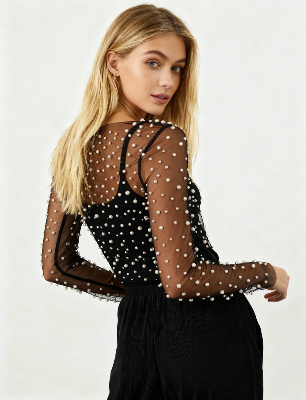 Chic Long Sleeve Sheer Top with Pearl Details - Non-Stretch Polyamide Layering Essential Cherie Code