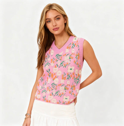 Woman Floral Knit Sleeveless Vest – 40% Acrylic Blend, Casual Fit Cherie Code