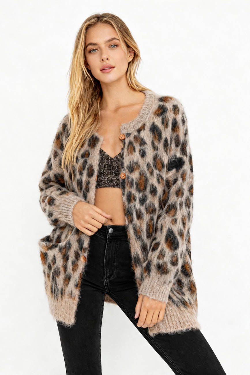 Cherie Code Women’s Leopard Print Knit Cardigan – Button‑Front Round Neck Sweater with Pockets