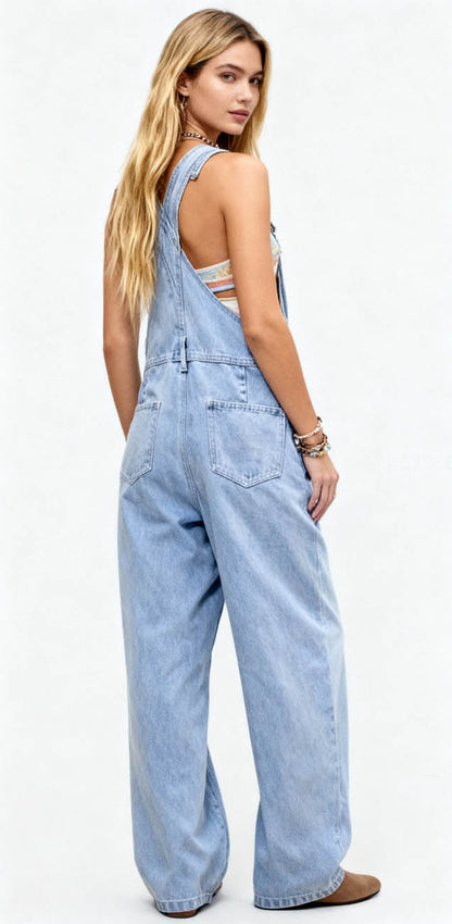 Women's Classic Denim Overalls – Relaxed Fit with Wide Legs & Functional Pockets Casual Workwear for Everyday Style Cherie Code