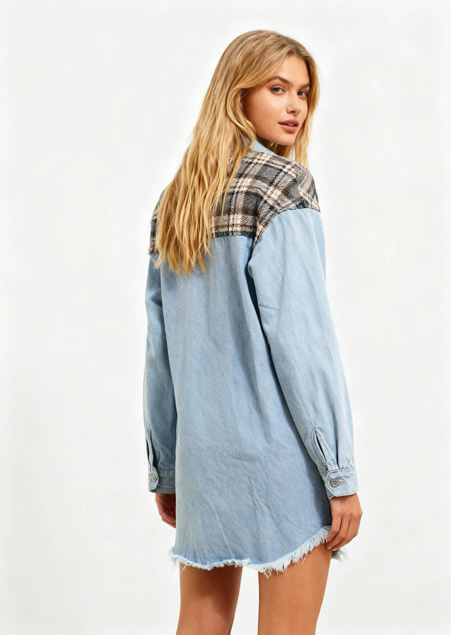 Cherie Code Women’s Patchwork Plaid Denim Jacket – Color‑Block Plaid