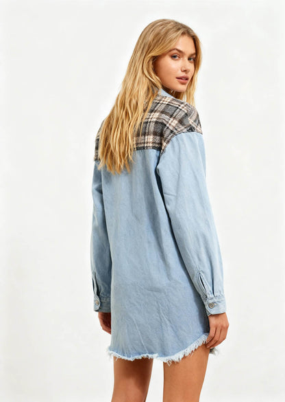 Cherie Code Women’s Patchwork Plaid Denim Jacket – Color‑Block Plaid