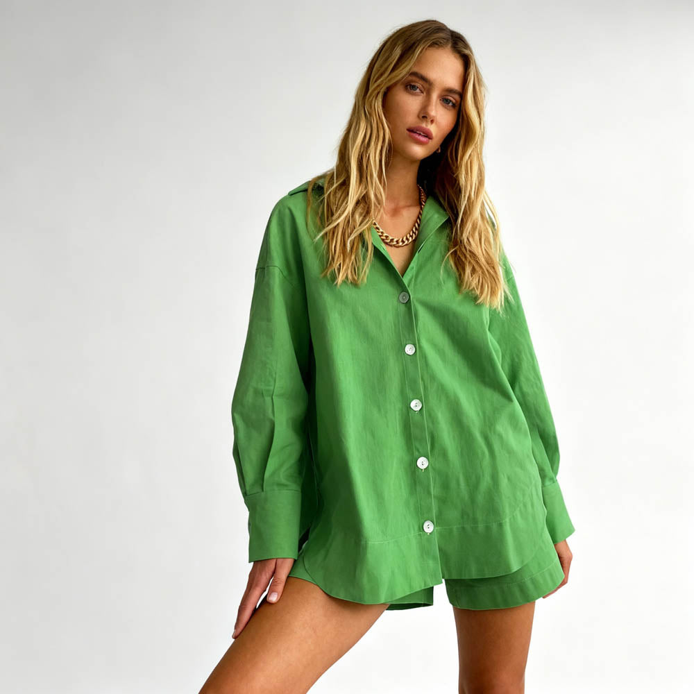 Woman Solid Shorts Set – Slim Fit Long-Sleeve Lapel Shirt & Shorts, Cotton Lined Cherie Code