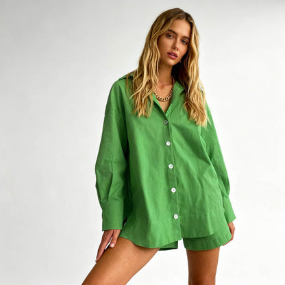 Woman Solid Shorts Set – Slim Fit Long-Sleeve Lapel Shirt & Shorts, Cotton Lined Cherie Code