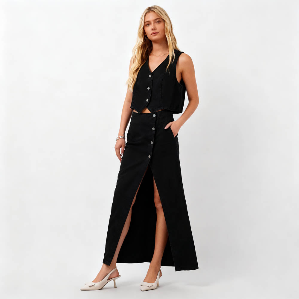 Breathable Denim Vest & Split Hem Skirt Set - Sleeveless with Button Front & Casual Fit Cherie Code