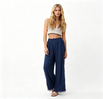 Cherie Code Women's Cotton Wide Leg Pants with Side Split and Pom Trim – Casual Fit