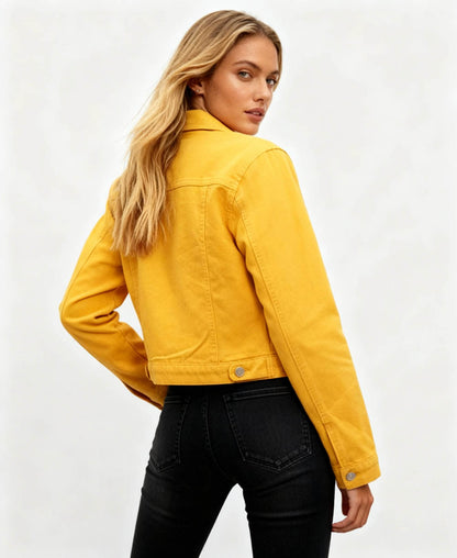 Women's Solid Color Denim Jacket with Pockets – Long Sleeve Button Front Casual Outerwear by Cherie Code